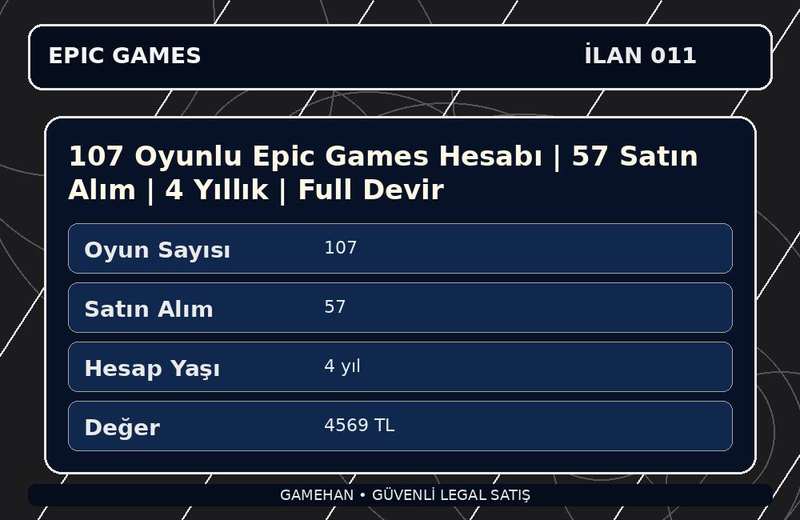 107 Oyunlu Epic Games Hesabı | 57 Satın Alım | 4 Yıllık | Full Devir
