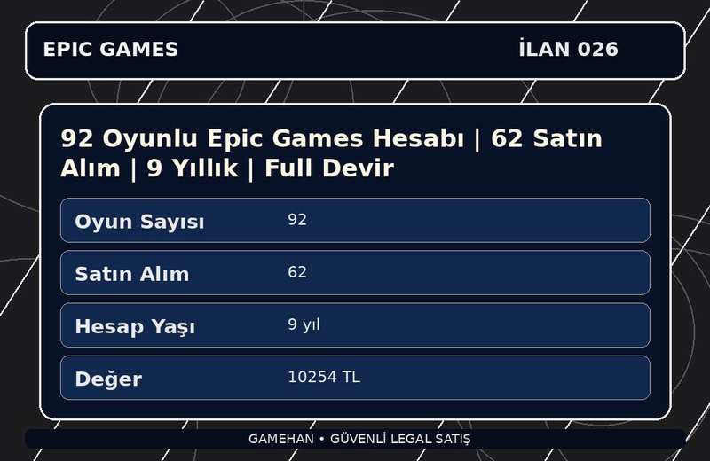 92 Oyunlu Epic Games Hesabı | 62 Satın Alım | 9 Yıllık | Full Devir