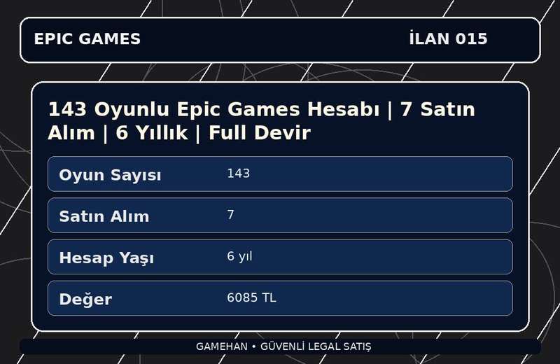 143 Oyunlu Epic Games Hesabı | 7 Satın Alım | 6 Yıllık | Full Devir