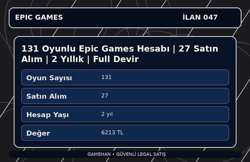 131 Oyunlu Epic Games Hesabı | 27 Satın Alım | 2 Yıllık | Full Devir