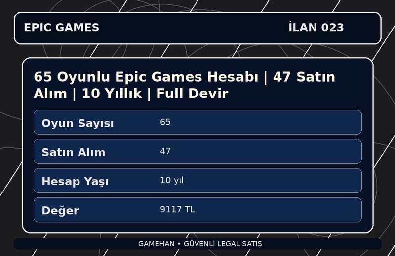 65 Oyunlu Epic Games Hesabı | 47 Satın Alım | 10 Yıllık | Full Devir