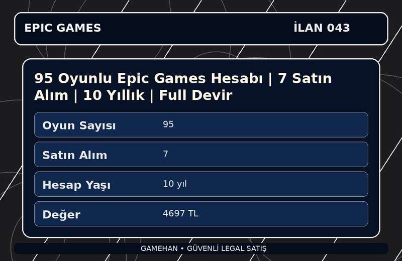 95 Oyunlu Epic Games Hesabı | 7 Satın Alım | 10 Yıllık | Full Devir