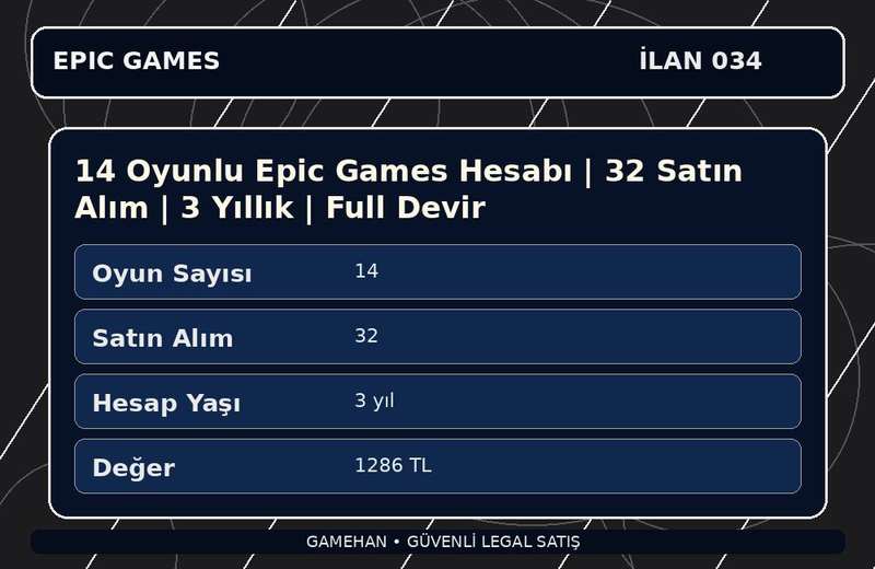 14 Oyunlu Epic Games Hesabı | 32 Satın Alım | 3 Yıllık | Full Devir