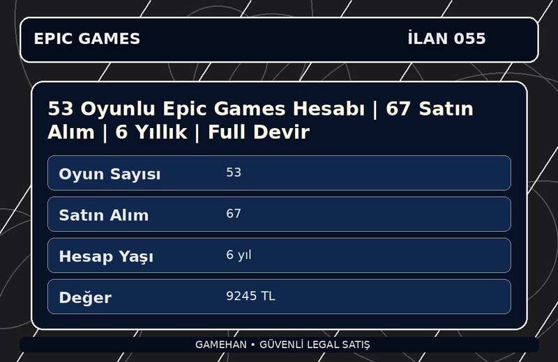 53 Oyunlu Epic Games Hesabı | 67 Satın Alım | 6 Yıllık | Full Devir