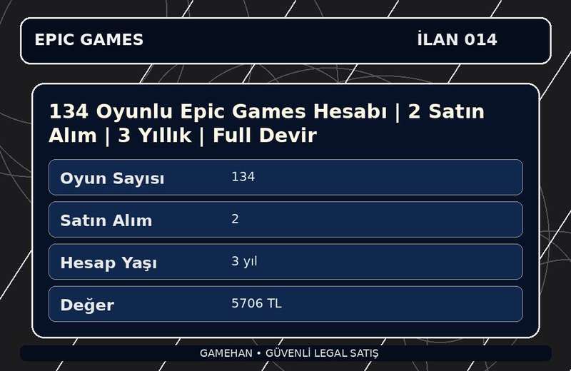 134 Oyunlu Epic Games Hesabı | 2 Satın Alım | 3 Yıllık | Full Devir