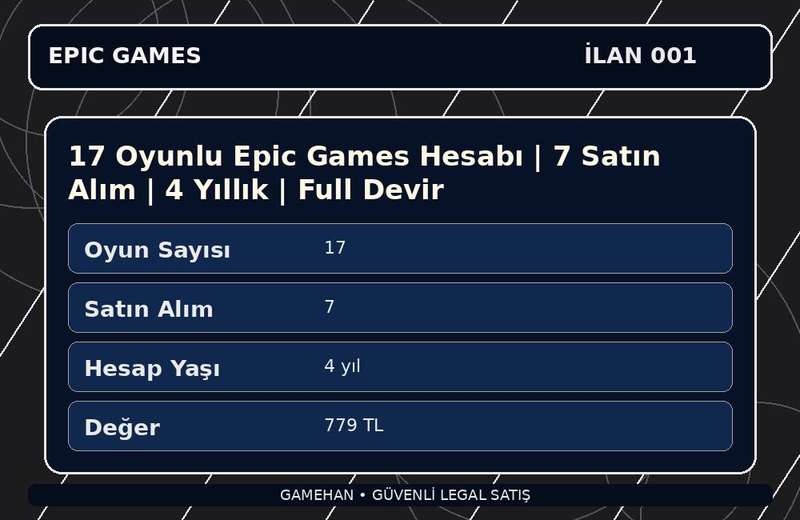 17 Oyunlu Epic Games Hesabı | 7 Satın Alım | 4 Yıllık | Full Devir