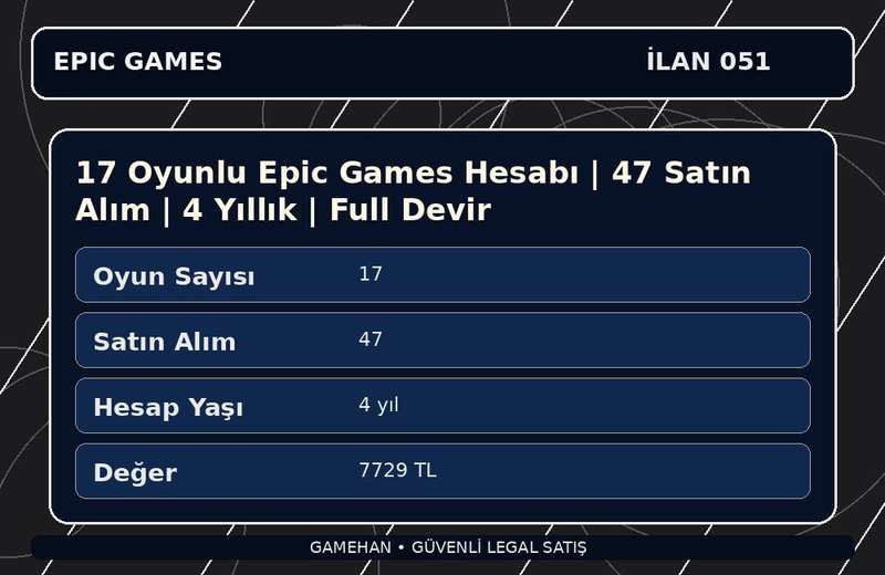 17 Oyunlu Epic Games Hesabı | 47 Satın Alım | 4 Yıllık | Full Devir