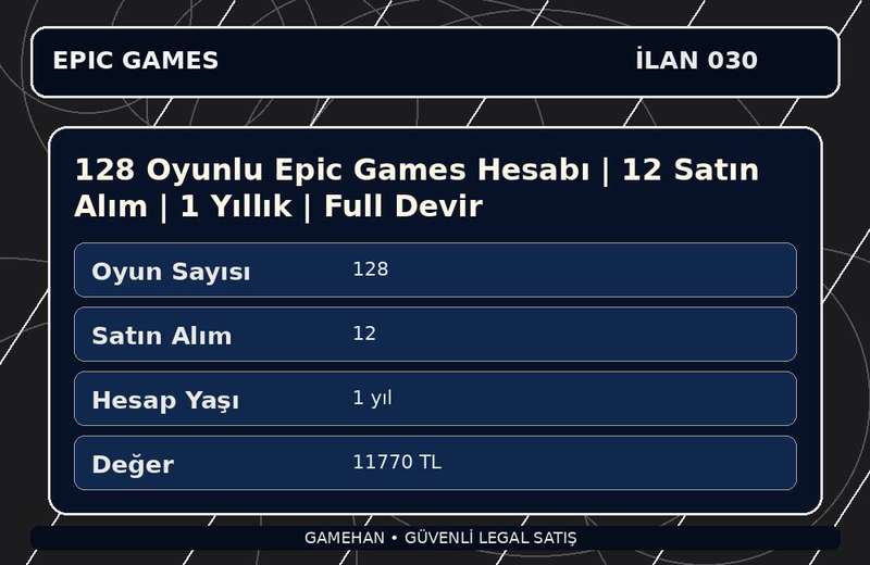 128 Oyunlu Epic Games Hesabı | 12 Satın Alım | 1 Yıllık | Full Devir