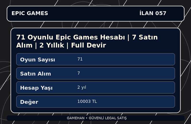 71 Oyunlu Epic Games Hesabı | 7 Satın Alım | 2 Yıllık | Full Devir