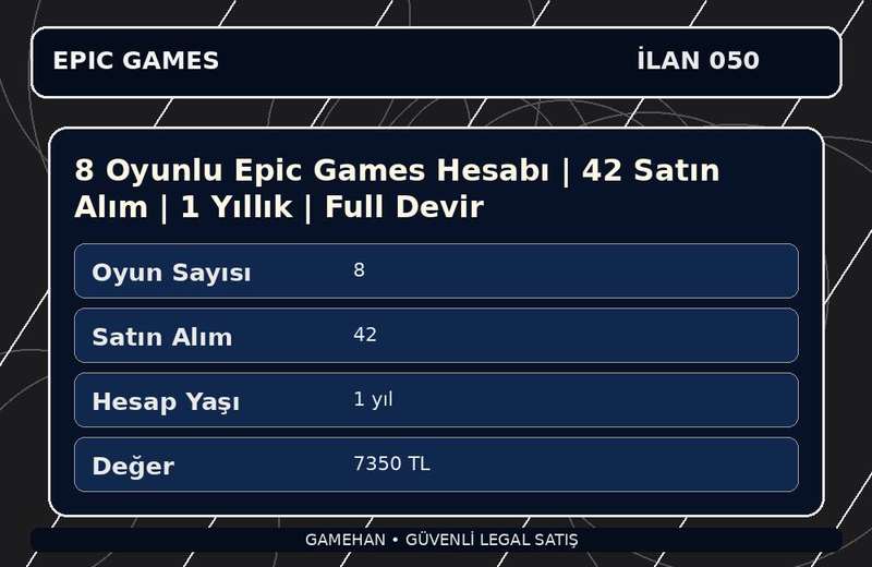 8 Oyunlu Epic Games Hesabı | 42 Satın Alım | 1 Yıllık | Full Devir