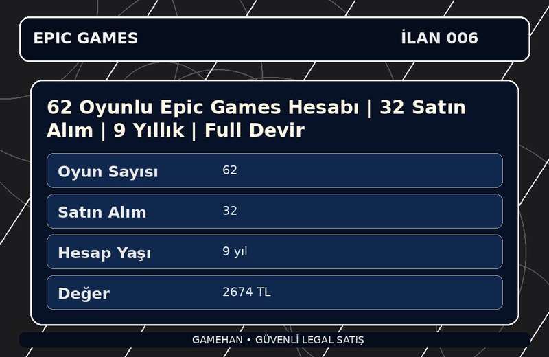 62 Oyunlu Epic Games Hesabı | 32 Satın Alım | 9 Yıllık | Full Devir