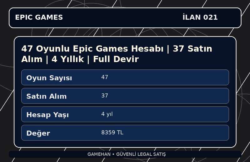 47 Oyunlu Epic Games Hesabı | 37 Satın Alım | 4 Yıllık | Full Devir