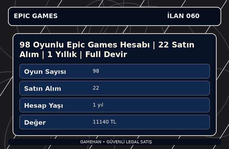 98 Oyunlu Epic Games Hesabı | 22 Satın Alım | 1 Yıllık | Full Devir