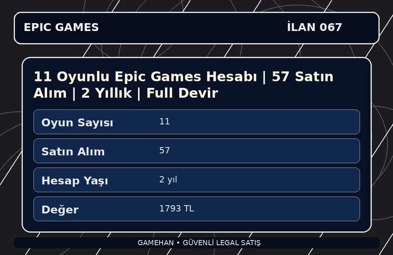 11 Oyunlu Epic Games Hesabı | 57 Satın Alım | 2 Yıllık | Full Devir