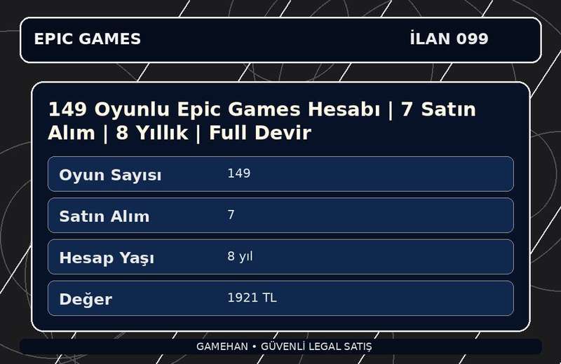 149 Oyunlu Epic Games Hesabı | 7 Satın Alım | 8 Yıllık | Full Devir
