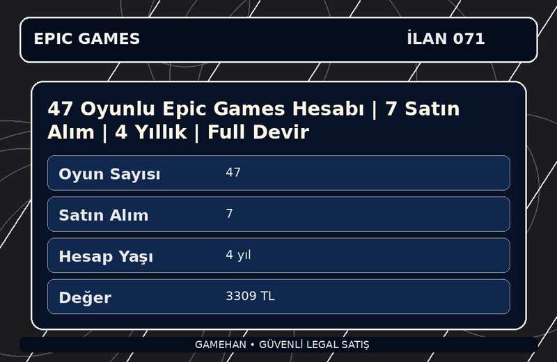 47 Oyunlu Epic Games Hesabı | 7 Satın Alım | 4 Yıllık | Full Devir