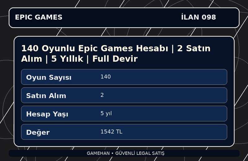 140 Oyunlu Epic Games Hesabı | 2 Satın Alım | 5 Yıllık | Full Devir