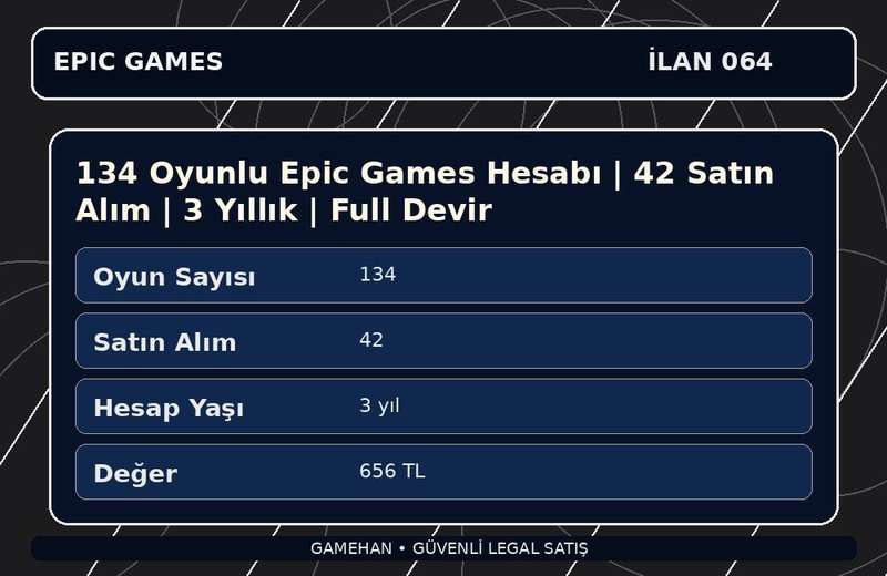134 Oyunlu Epic Games Hesabı | 42 Satın Alım | 3 Yıllık | Full Devir