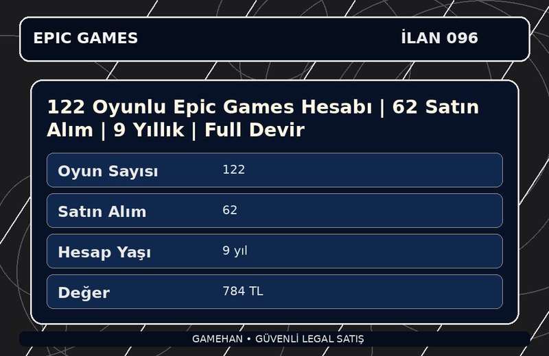122 Oyunlu Epic Games Hesabı | 62 Satın Alım | 9 Yıllık | Full Devir