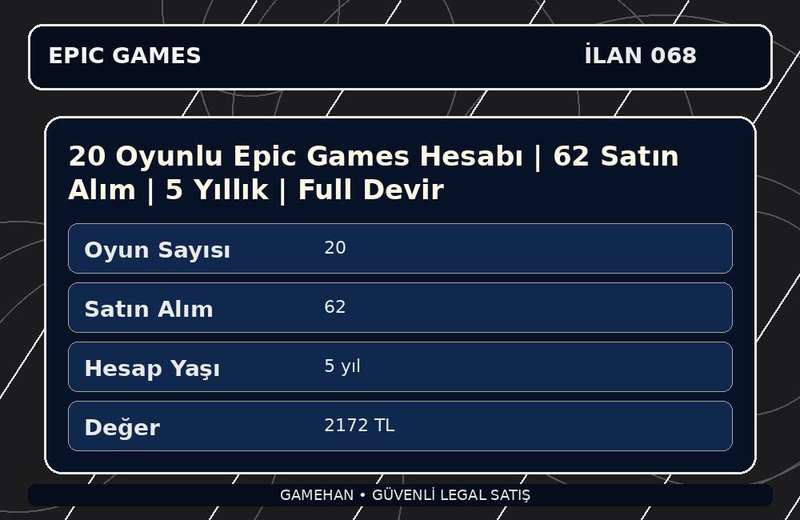 20 Oyunlu Epic Games Hesabı | 62 Satın Alım | 5 Yıllık | Full Devir