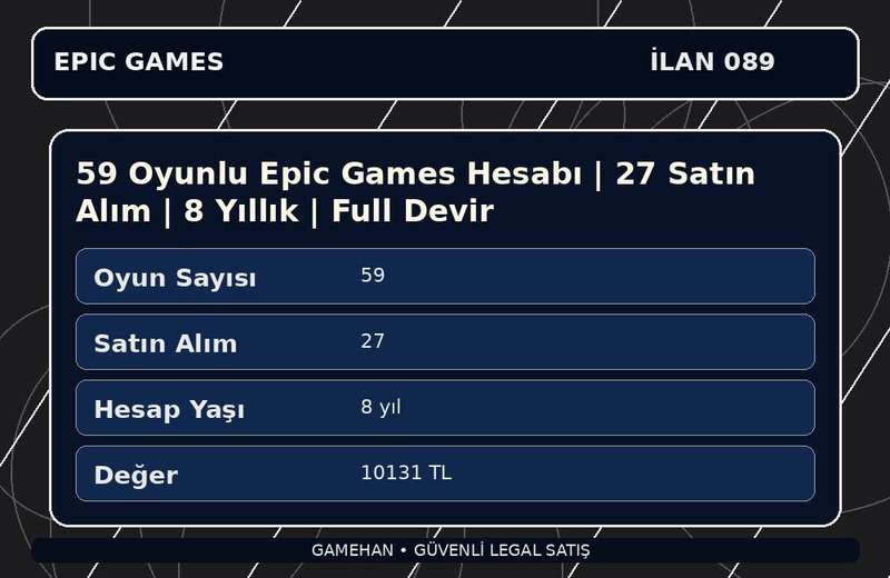 59 Oyunlu Epic Games Hesabı | 27 Satın Alım | 8 Yıllık | Full Devir
