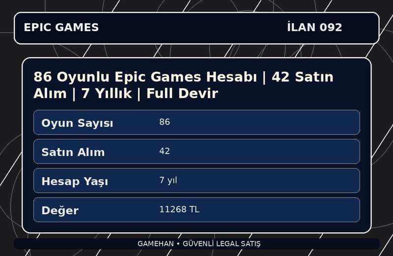 86 Oyunlu Epic Games Hesabı | 42 Satın Alım | 7 Yıllık | Full Devir