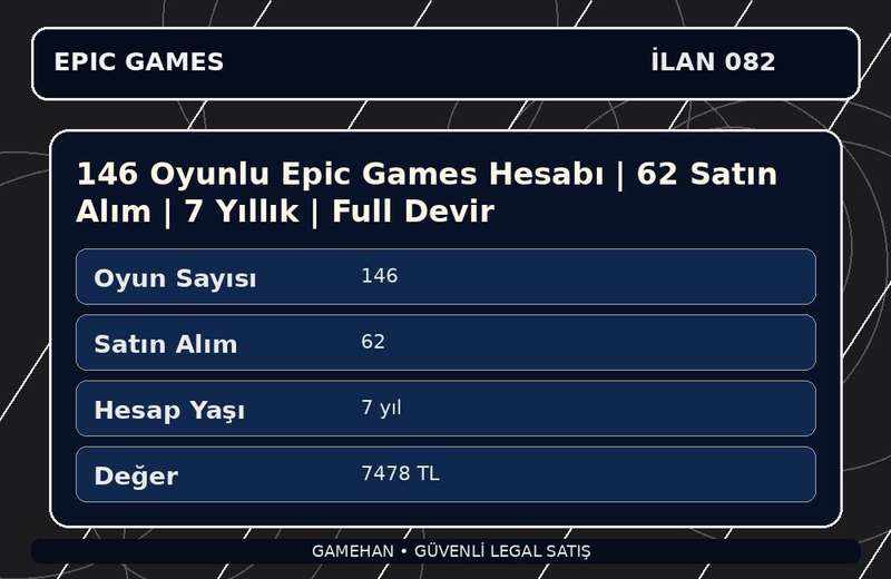 146 Oyunlu Epic Games Hesabı | 62 Satın Alım | 7 Yıllık | Full Devir