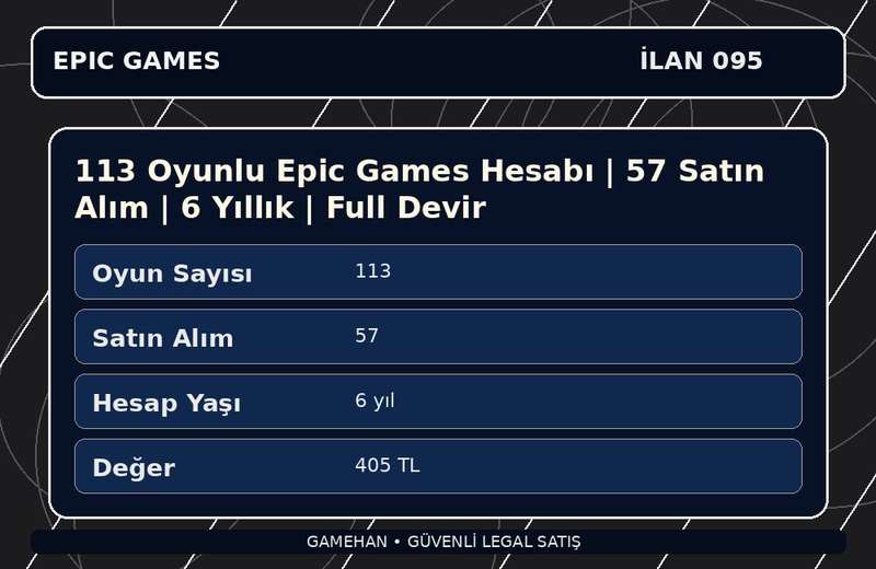 113 Oyunlu Epic Games Hesabı | 57 Satın Alım | 6 Yıllık | Full Devir