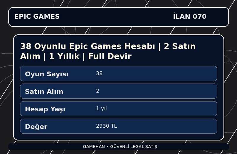 38 Oyunlu Epic Games Hesabı | 2 Satın Alım | 1 Yıllık | Full Devir