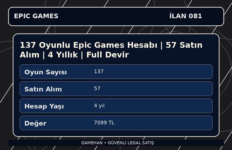137 Oyunlu Epic Games Hesabı | 57 Satın Alım | 4 Yıllık | Full Devir