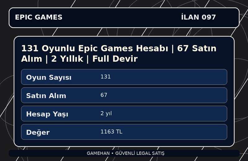 131 Oyunlu Epic Games Hesabı | 67 Satın Alım | 2 Yıllık | Full Devir