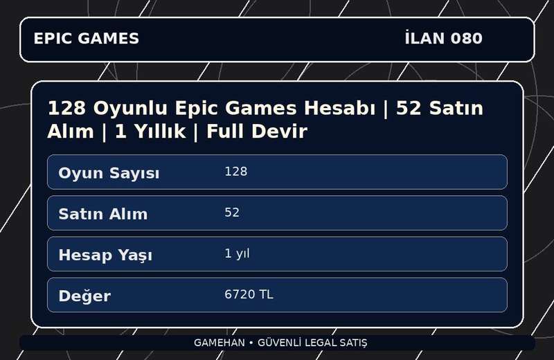 128 Oyunlu Epic Games Hesabı | 52 Satın Alım | 1 Yıllık | Full Devir
