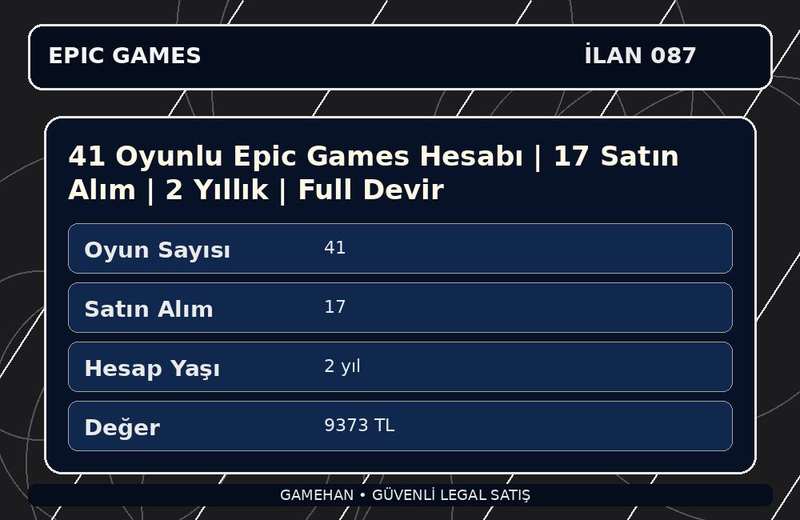 41 Oyunlu Epic Games Hesabı | 17 Satın Alım | 2 Yıllık | Full Devir