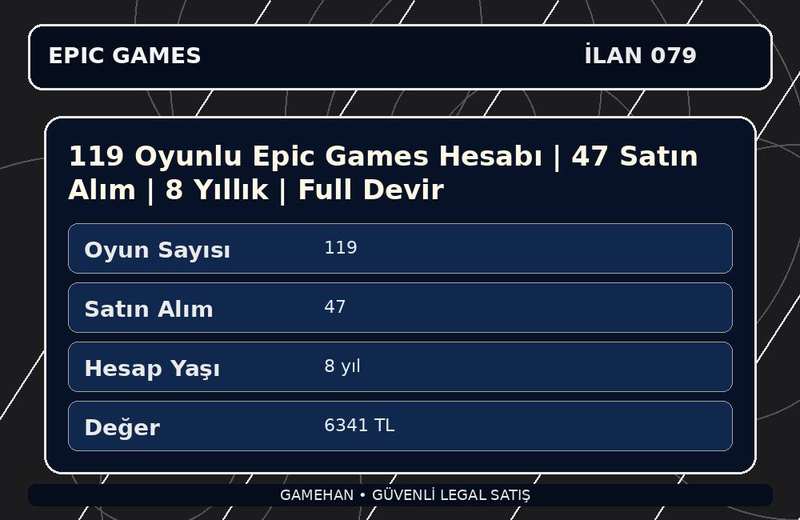119 Oyunlu Epic Games Hesabı | 47 Satın Alım | 8 Yıllık | Full Devir