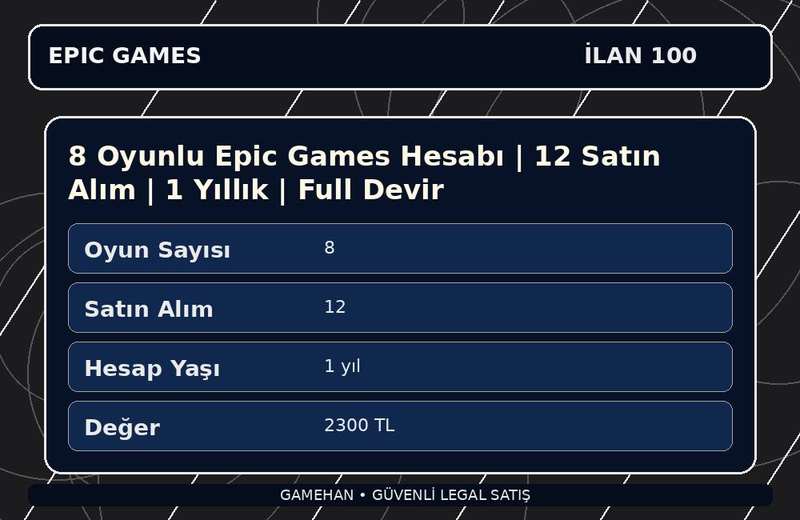 8 Oyunlu Epic Games Hesabı | 12 Satın Alım | 1 Yıllık | Full Devir