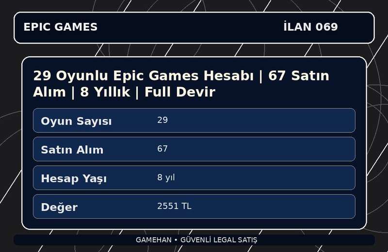 29 Oyunlu Epic Games Hesabı | 67 Satın Alım | 8 Yıllık | Full Devir