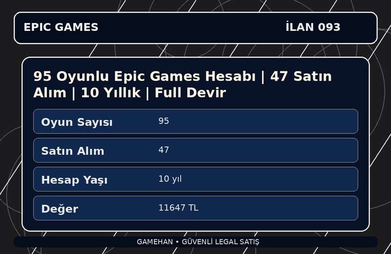 95 Oyunlu Epic Games Hesabı | 47 Satın Alım | 10 Yıllık | Full Devir