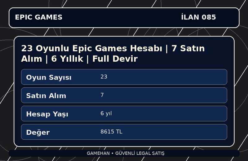 23 Oyunlu Epic Games Hesabı | 7 Satın Alım | 6 Yıllık | Full Devir