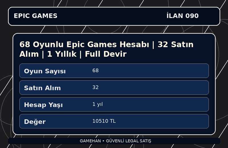 68 Oyunlu Epic Games Hesabı | 32 Satın Alım | 1 Yıllık | Full Devir