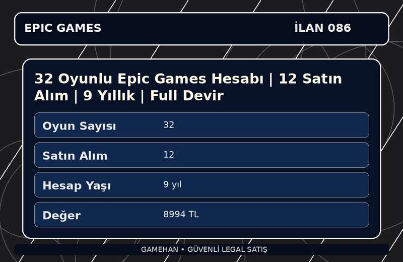 32 Oyunlu Epic Games Hesabı | 12 Satın Alım | 9 Yıllık | Full Devir