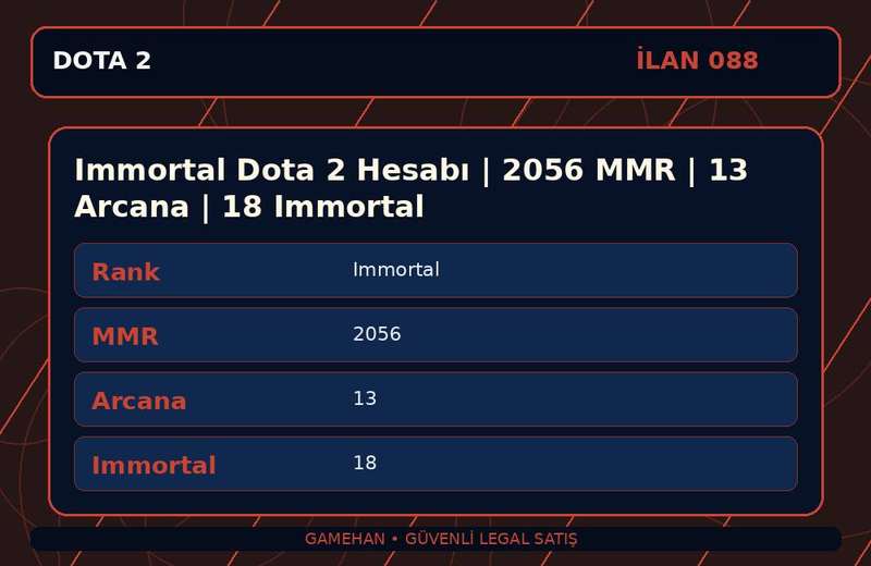 Immortal Dota 2 Hesabı | 2056 MMR | 13 Arcana | 18 Immortal