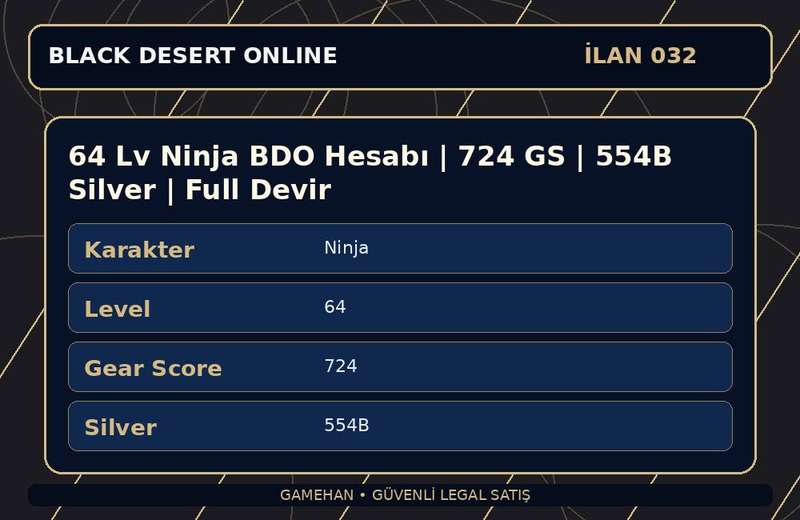 64 Lv Ninja BDO Hesabı | 724 GS | 554B Silver | Full Devir