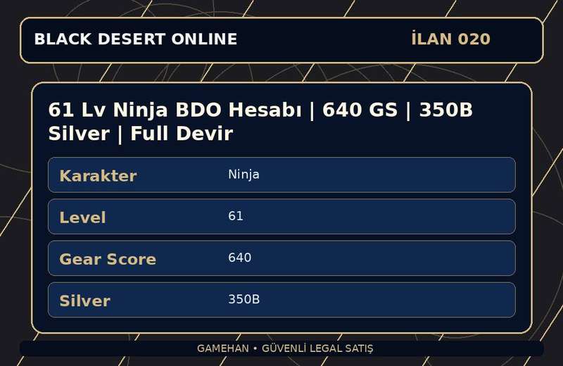 61 Lv Ninja BDO Hesabı | 640 GS | 350B Silver | Full Devir