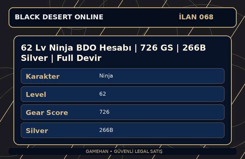 62 Lv Ninja BDO Hesabı | 726 GS | 266B Silver | Full Devir