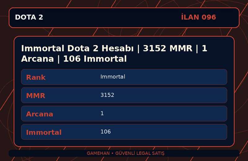 Immortal Dota 2 Hesabı | 3152 MMR | 1 Arcana | 106 Immortal
