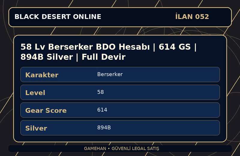 58 Lv Berserker BDO Hesabı | 614 GS | 894B Silver | Full Devir