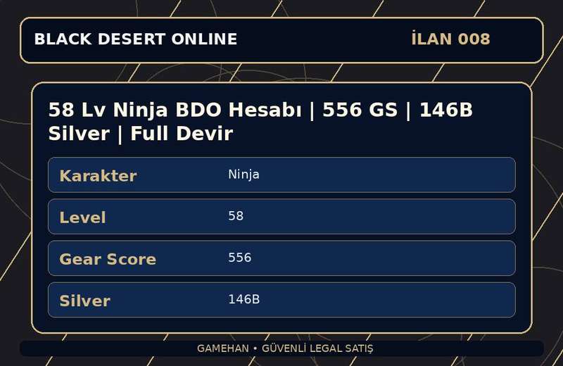 58 Lv Ninja BDO Hesabı | 556 GS | 146B Silver | Full Devir