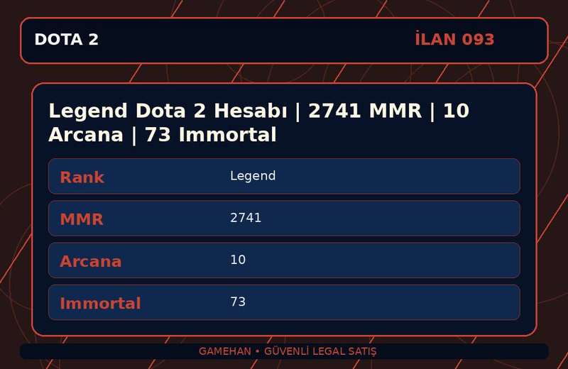 Legend Dota 2 Hesabı | 2741 MMR | 10 Arcana | 73 Immortal