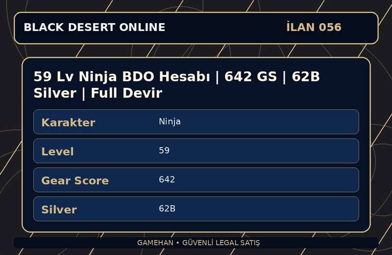 59 Lv Ninja BDO Hesabı | 642 GS | 62B Silver | Full Devir