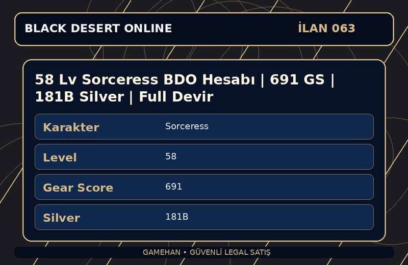 58 Lv Sorceress BDO Hesabı | 691 GS | 181B Silver | Full Devir